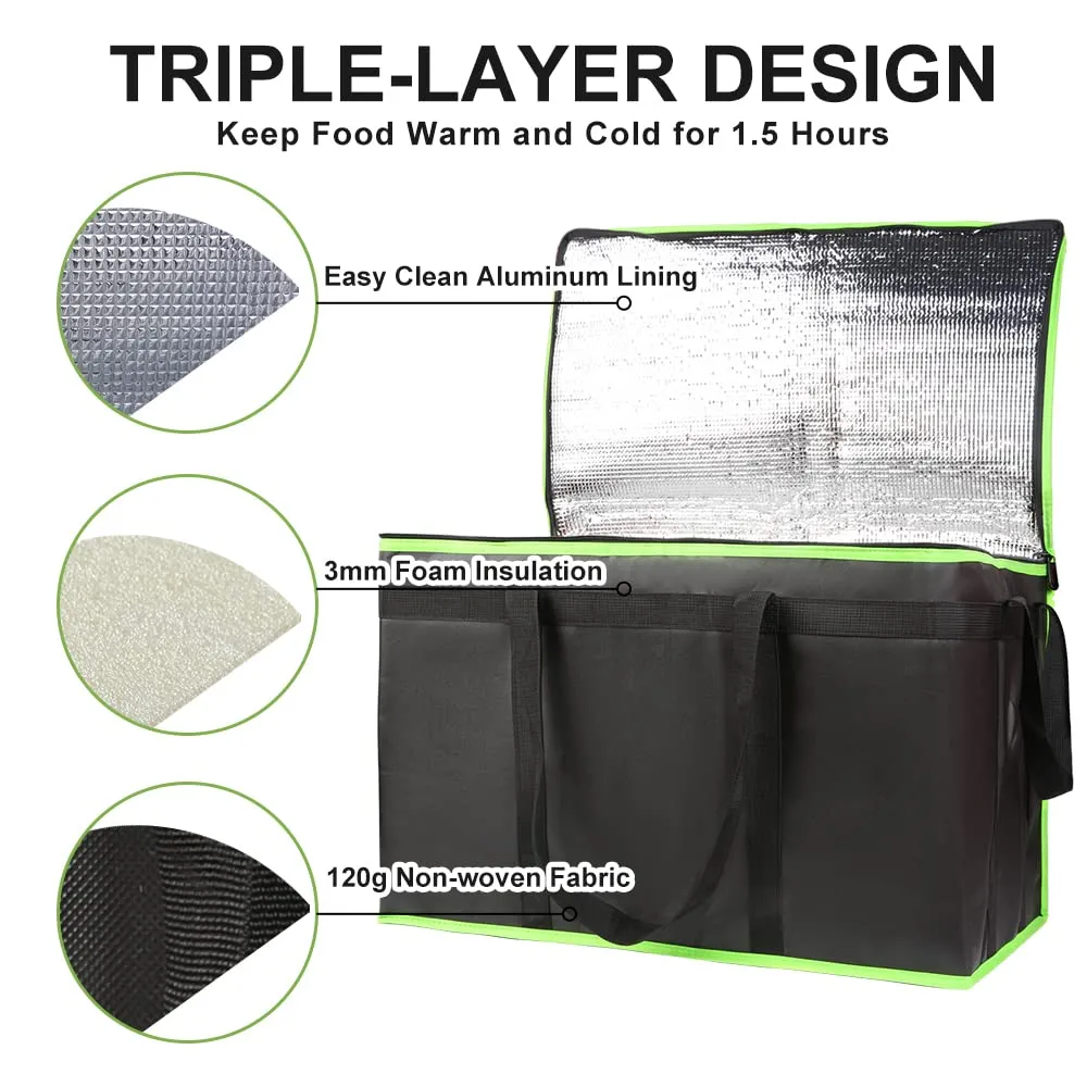 1-Pack Insulated Food Delivery Bag, XXX-Large Commercial Food Warmer for Uber Eats/Doordash, Insulated Reusable Grocery Cooler/Hot Bags, Tote Bag for Shopping/Travel, Black with Green Edge