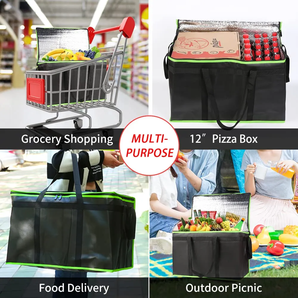 1-Pack Insulated Food Delivery Bag, XXX-Large Commercial Food Warmer for Uber Eats/Doordash, Insulated Reusable Grocery Cooler/Hot Bags, Tote Bag for Shopping/Travel, Black with Green Edge