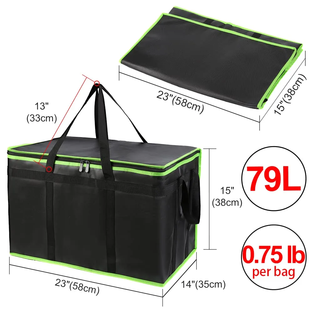 1-Pack Insulated Food Delivery Bag, XXX-Large Commercial Food Warmer for Uber Eats/Doordash, Insulated Reusable Grocery Cooler/Hot Bags, Tote Bag for Shopping/Travel, Black with Green Edge