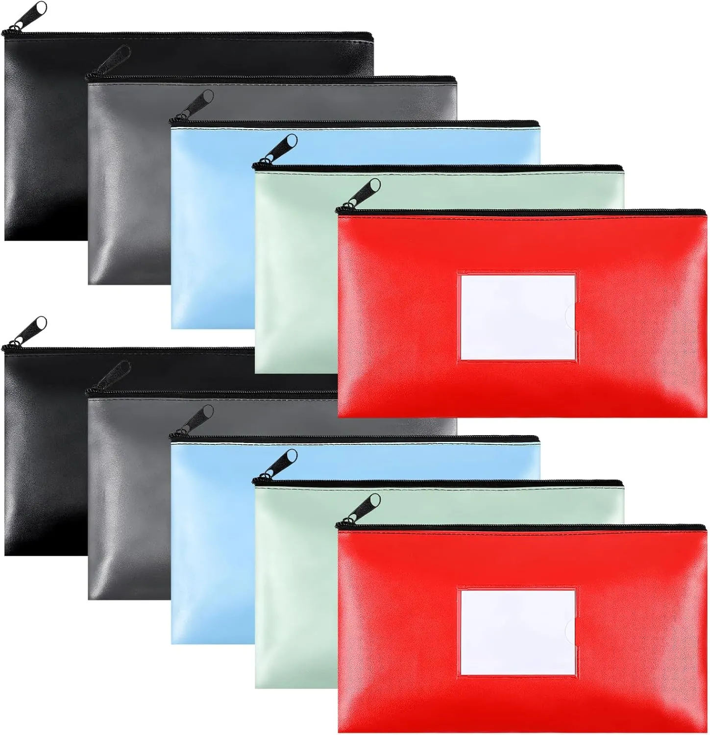10 Pack Money Bags with Zipper, PU Leather Bank Deposit Bags, Waterproof Money Pouch for Organize Cash, Coins, Cosmetics, Invoice, Bills, Tools, 11.2 x 6.1 Inches - 5 colors