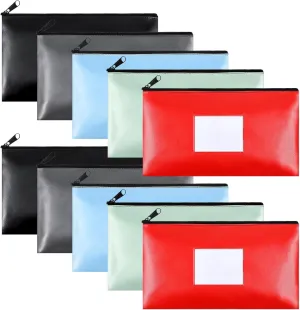 10 Pack Money Bags with Zipper, PU Leather Bank Deposit Bags, Waterproof Money Pouch for Organize Cash, Coins, Cosmetics, Invoice, Bills, Tools, 11.2 x 6.1 Inches - 5 colors