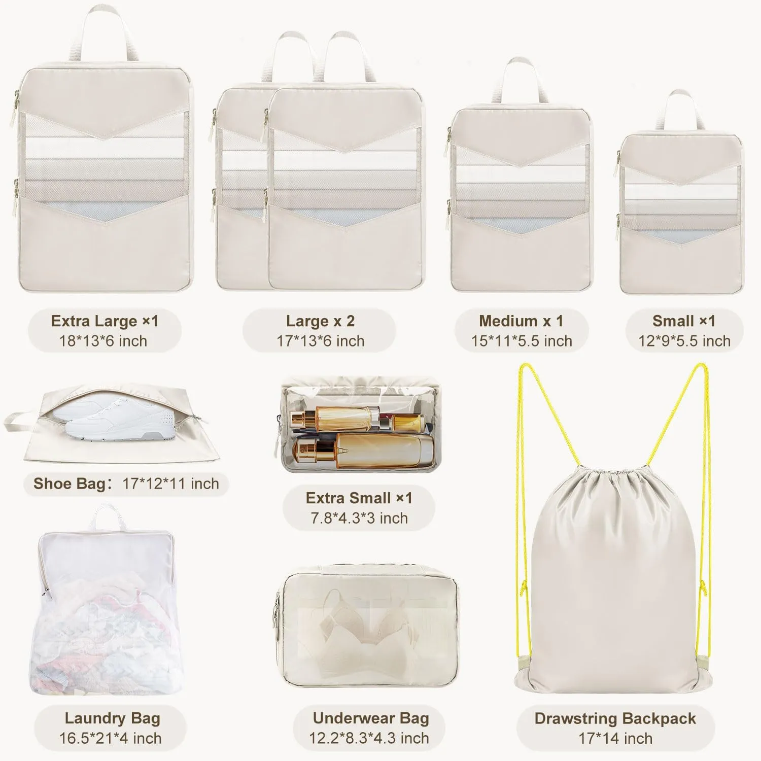 10 Set Compression Packing Cubes for Travel, Suitcase Organizer Bags Set for Travel Accessories, Lightweight Travel Essentials, Beige