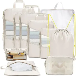10 Set Compression Packing Cubes for Travel, Suitcase Organizer Bags Set for Travel Accessories, Lightweight Travel Essentials, Beige