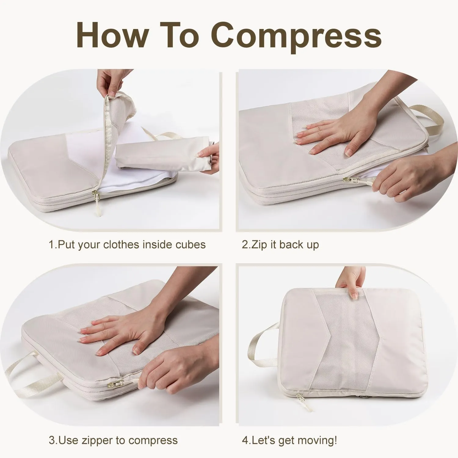 10 Set Compression Packing Cubes for Travel, Suitcase Organizer Bags Set for Travel Accessories, Lightweight Travel Essentials, Beige