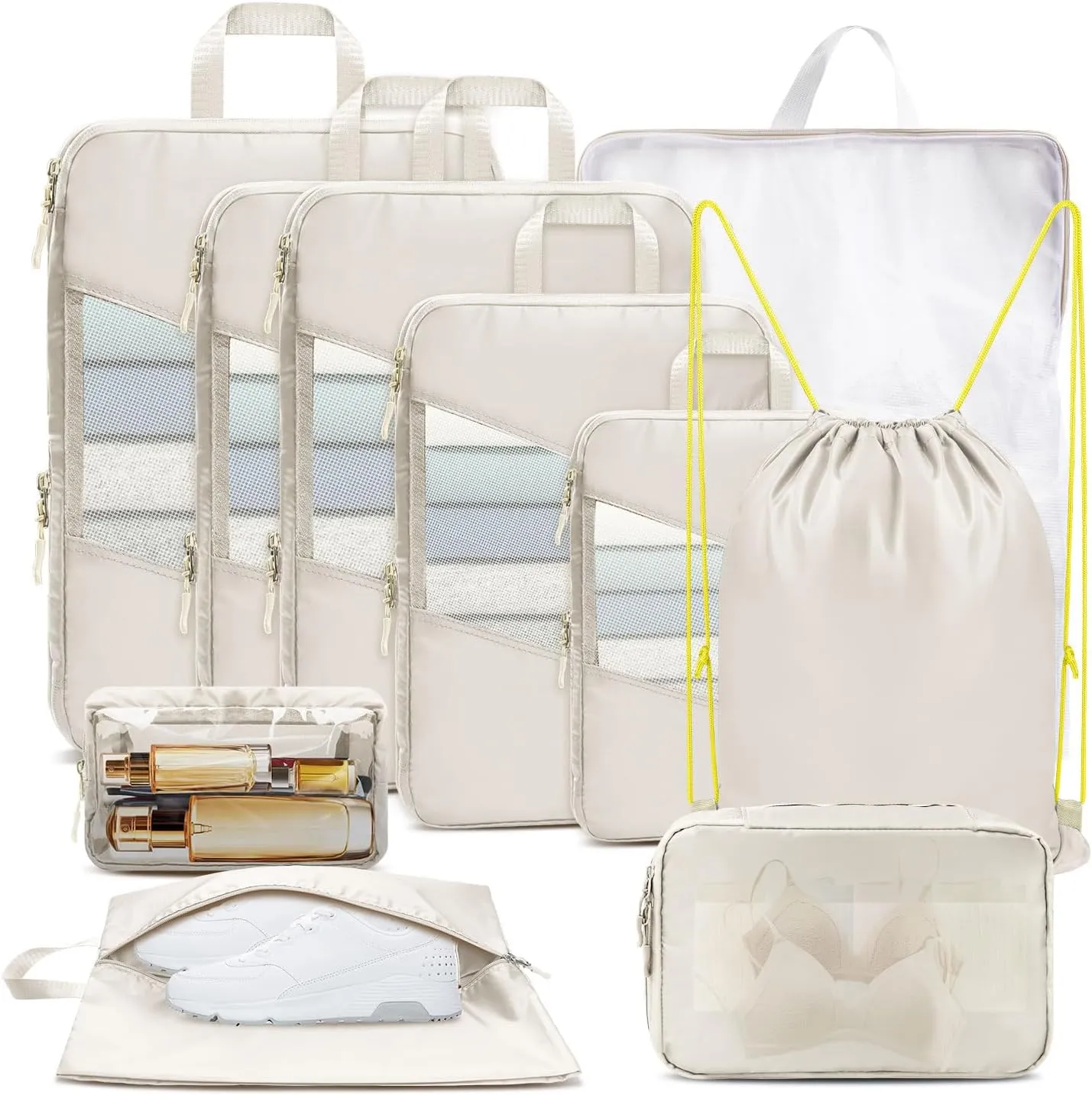 10 Set Compression Packing Cubes for Travel, Suitcase Organizer Bags Set for Travel Accessories, Lightweight Travel Essentials, Beige