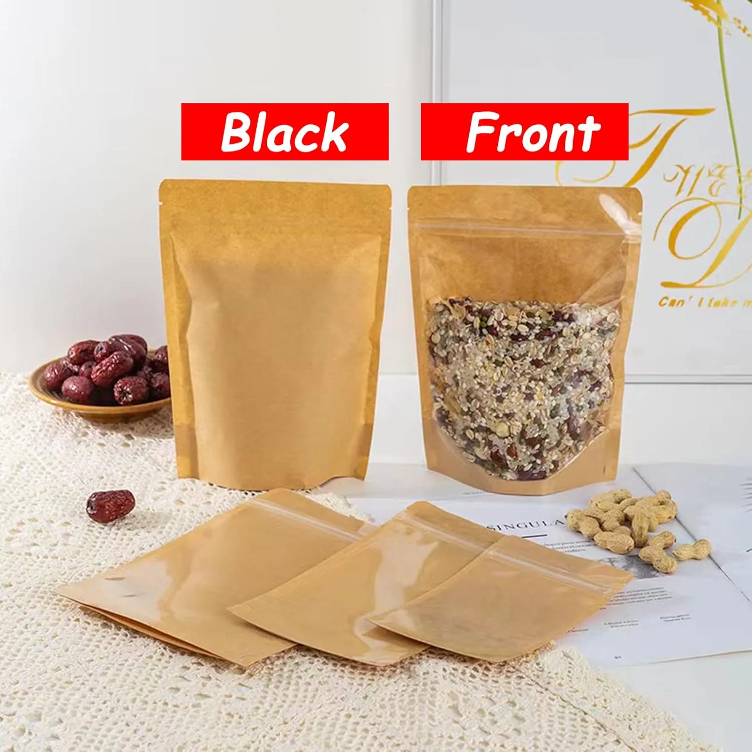 100 PCS Stand Up Pouches, 5.5 x 7.8 inch Kraft Paper Food Bags with Clear Window, Reusable Ziplock Food Storage Bags Resealable Pouches for Foods, Coffee Beans, Snacks
