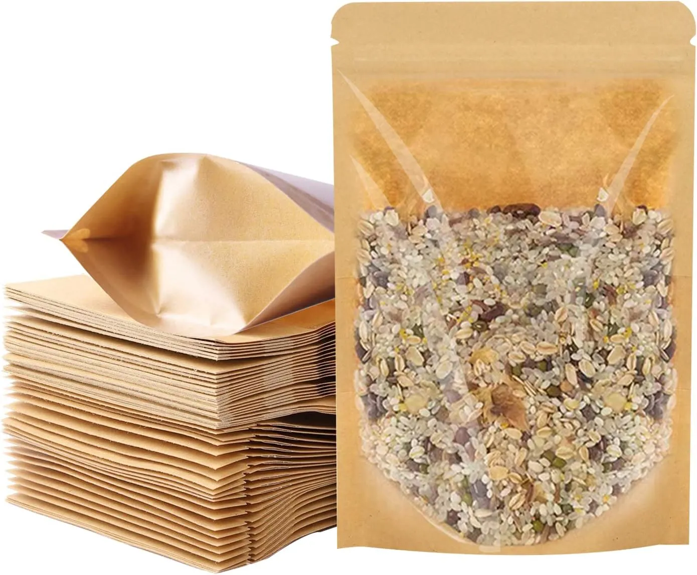 100 PCS Stand Up Pouches, 5.5 x 7.8 inch Kraft Paper Food Bags with Clear Window, Reusable Ziplock Food Storage Bags Resealable Pouches for Foods, Coffee Beans, Snacks