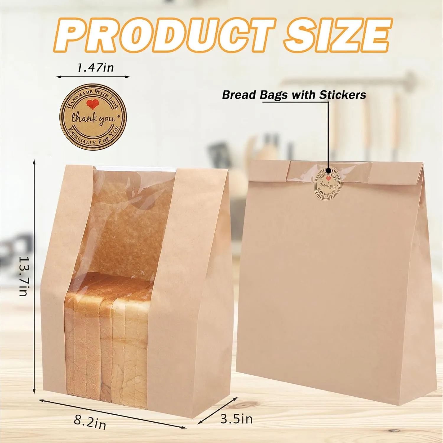 150 Pack Bread Bags for Homemade Bread Sourdough Bread Bags Large Kraft Paper Bakery Bag with Clear Window with Label Seal Stickers for Packaging Baked Food Bread Storage (13.7''x8.2''x3.5'')