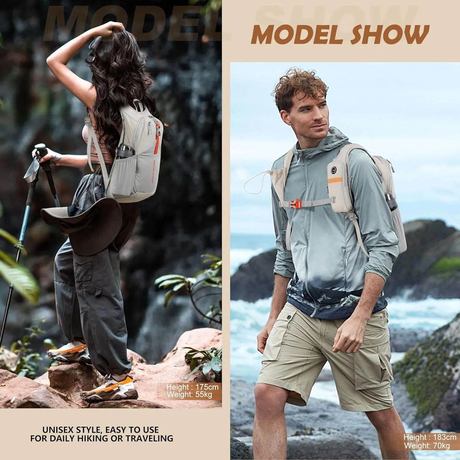 15L Small Hiking Backpack for Men Women Foldable Packable Back Pack Ultralight Hiking Daypack for Travel Camping Outdoor, Beige