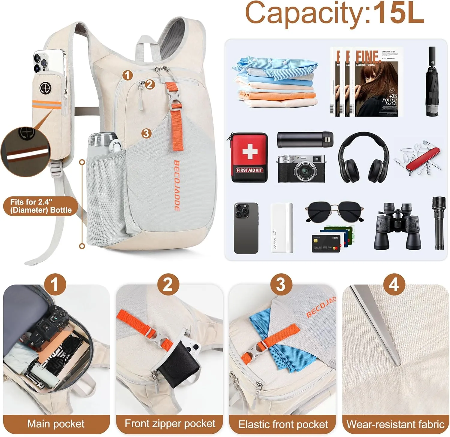 15L Small Hiking Backpack for Men Women Foldable Packable Back Pack Ultralight Hiking Daypack for Travel Camping Outdoor, Beige