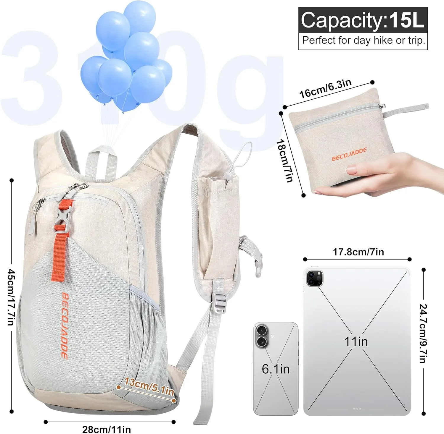 15L Small Hiking Backpack for Men Women Foldable Packable Back Pack Ultralight Hiking Daypack for Travel Camping Outdoor, Beige