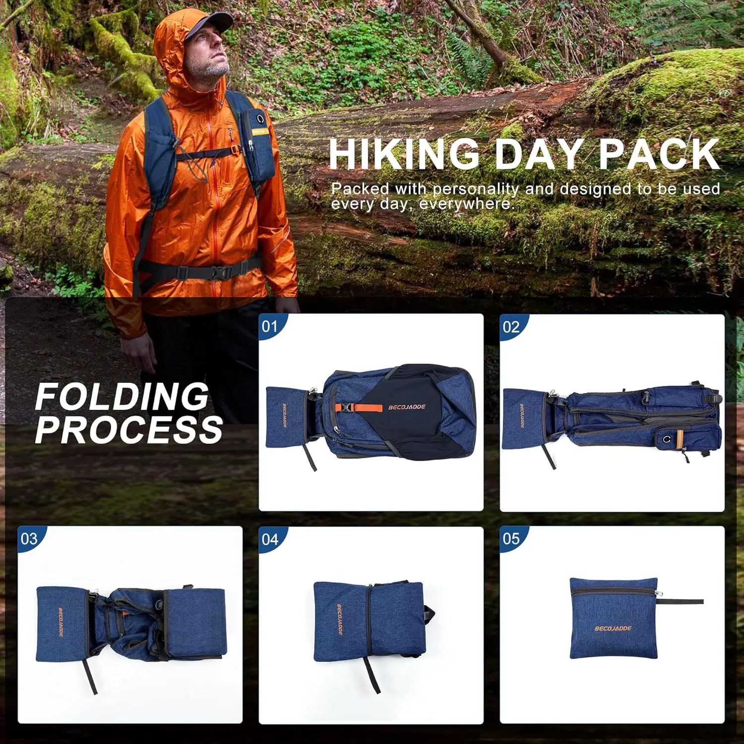 15L Small Hiking Backpack for Men Women Foldable Packable Back Pack Ultralight Hiking Daypack for Travel Camping Outdoor, Navy Blue
