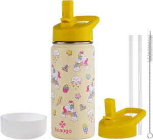 16 oz Stainless Steel Insulated Kids Water Bottle, Leak Proof Metal Thermos Flask with Straw lid, Cute Toddler Tumbler Cup for School Girls & Boys (Beige, Unicorn)
