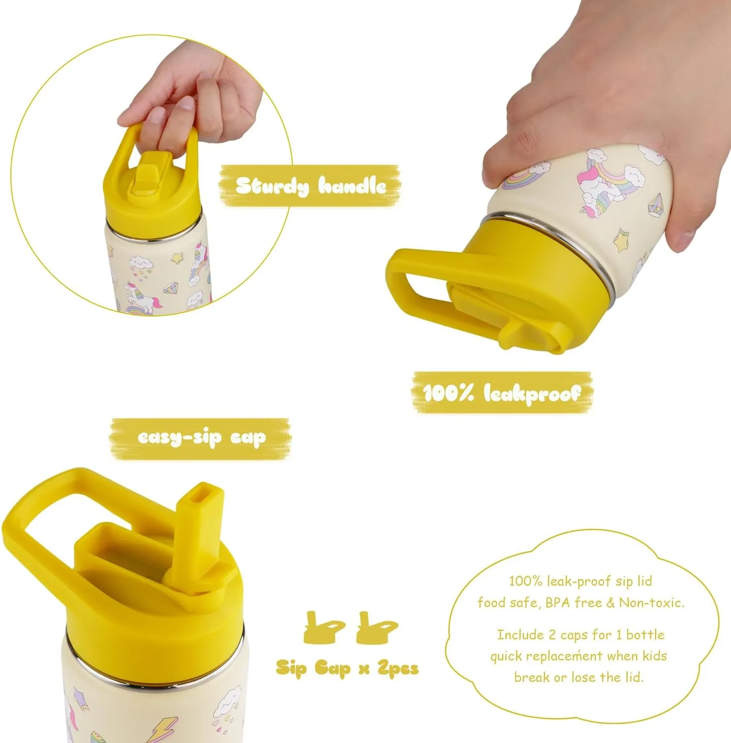 16 oz Stainless Steel Insulated Kids Water Bottle, Leak Proof Metal Thermos Flask with Straw lid, Cute Toddler Tumbler Cup for School Girls & Boys (Beige, Unicorn)