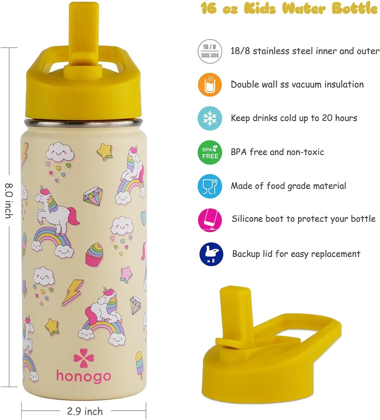 16 oz Stainless Steel Insulated Kids Water Bottle, Leak Proof Metal Thermos Flask with Straw lid, Cute Toddler Tumbler Cup for School Girls & Boys (Beige, Unicorn)