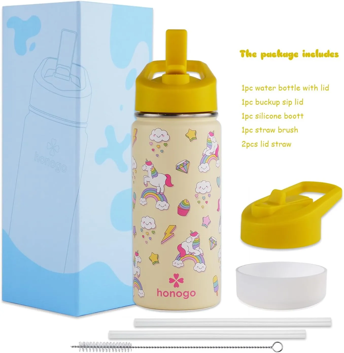 16 oz Stainless Steel Insulated Kids Water Bottle, Leak Proof Metal Thermos Flask with Straw lid, Cute Toddler Tumbler Cup for School Girls & Boys (Beige, Unicorn)