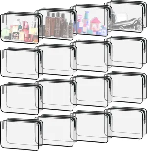 16 Pack Waterproof Cosmetic Bag TSA Approved Toiletry Bag, Portable Travel Pouch with Zipper, Vinyl Plastic Organizer Storage for Men and Women (Black-L)