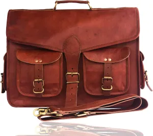 18 Inch Vintage Handmade Leather Travel Messenger Office Crossbody Bag Laptop Briefcase Computer College Satchel Bag For Men And Women