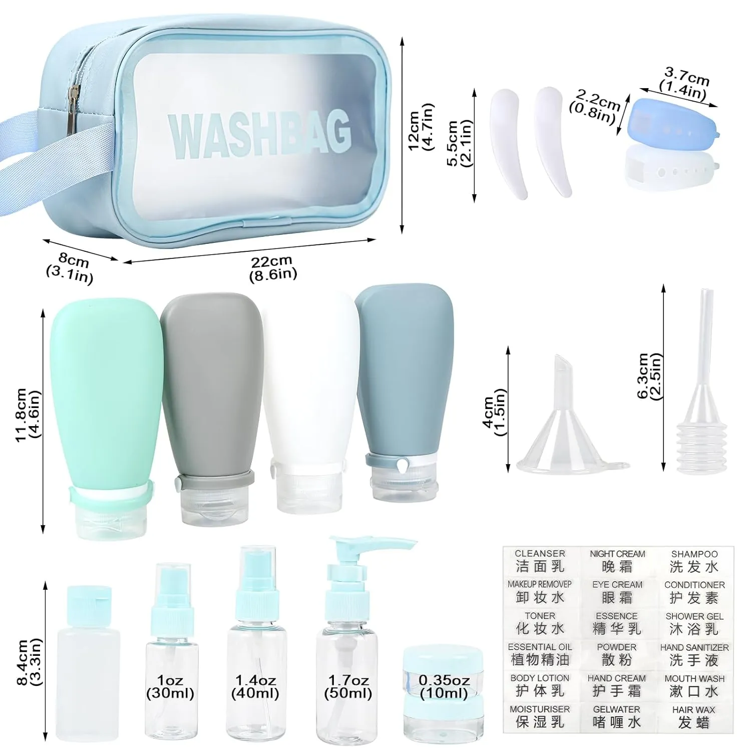 18 Pc Travel Bottle Set - TSA Approved, Leak Proof, Comes with 3 oz Bottles, Funnel, Toothbrush Cover