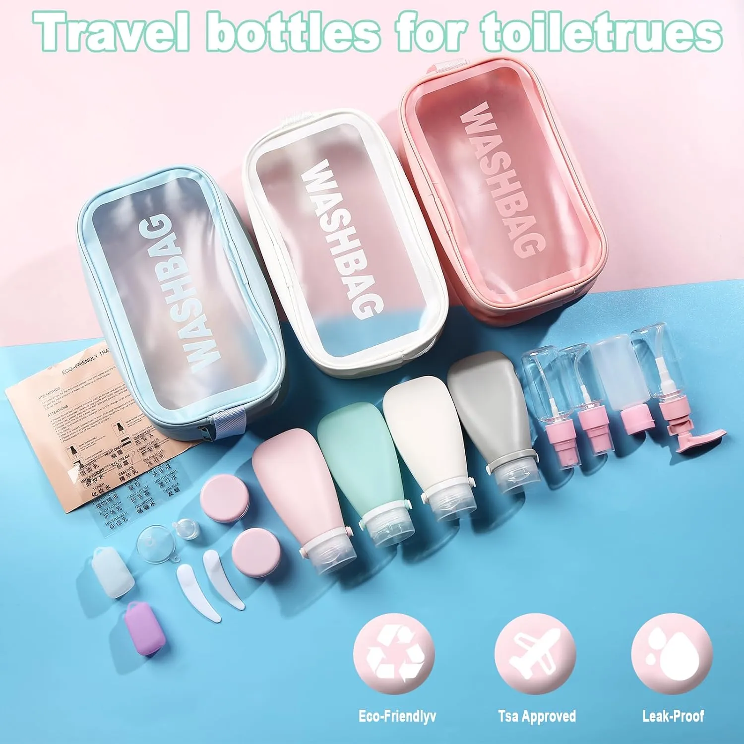 18 Pc Travel Bottle Set - TSA Approved, Leak Proof, Comes with 3 oz Bottles, Funnel, Toothbrush Cover