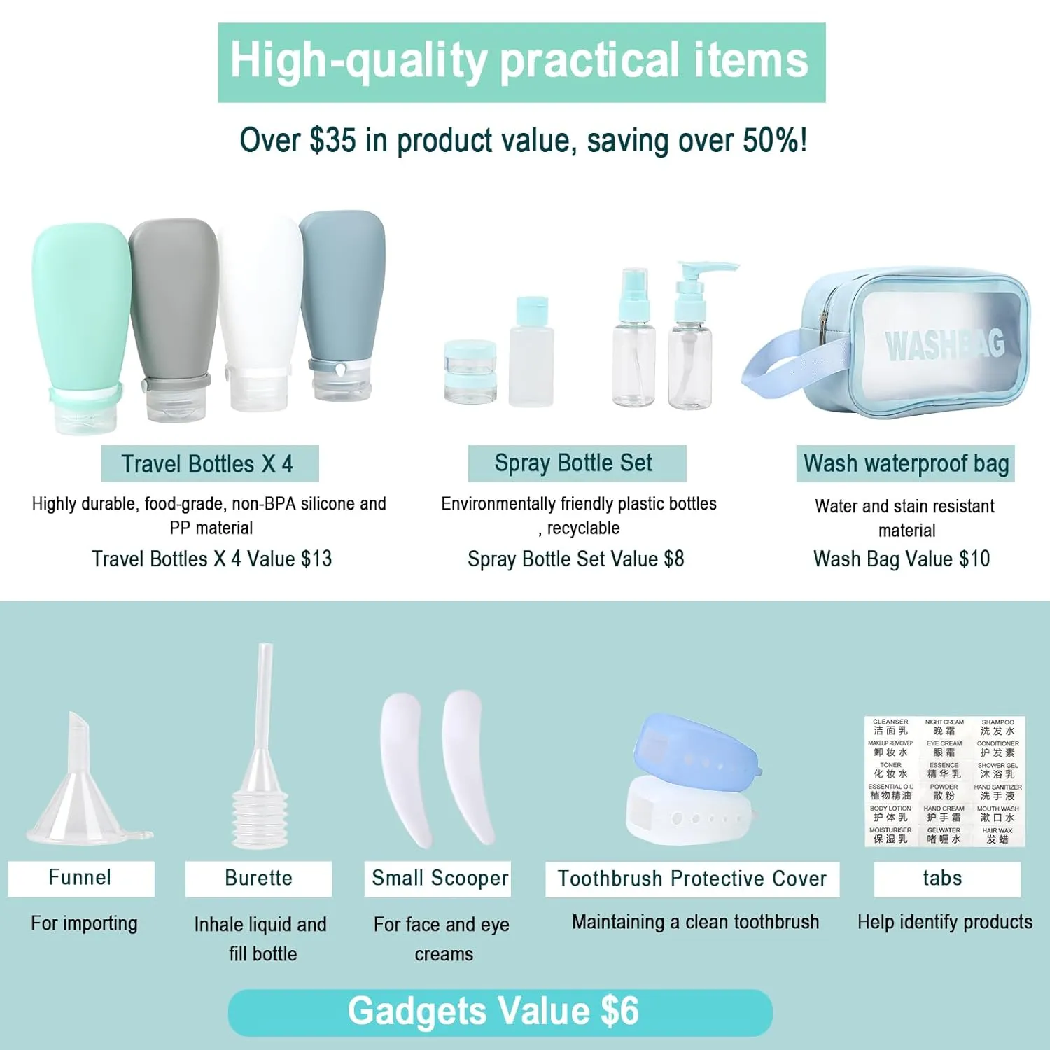 18 Pc Travel Bottle Set - TSA Approved, Leak Proof, Comes with 3 oz Bottles, Funnel, Toothbrush Cover