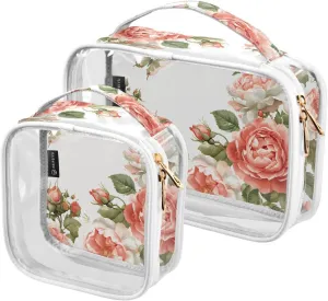 2 Pack Clear Makeup Bag, Coral Flower Pink Butterfly Pattern Cosmetic Organizer Waterproof Travel Toiletry Bags for Women Transparent Handbag Purse