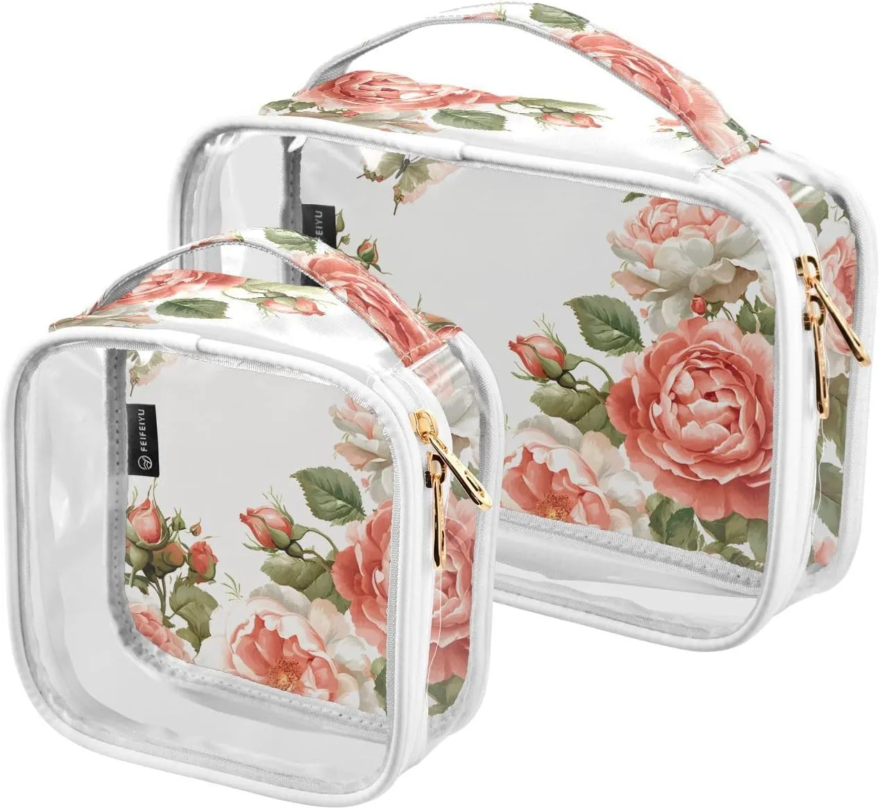 2 Pack Clear Makeup Bag, Coral Flower Pink Butterfly Pattern Cosmetic Organizer Waterproof Travel Toiletry Bags for Women Transparent Handbag Purse