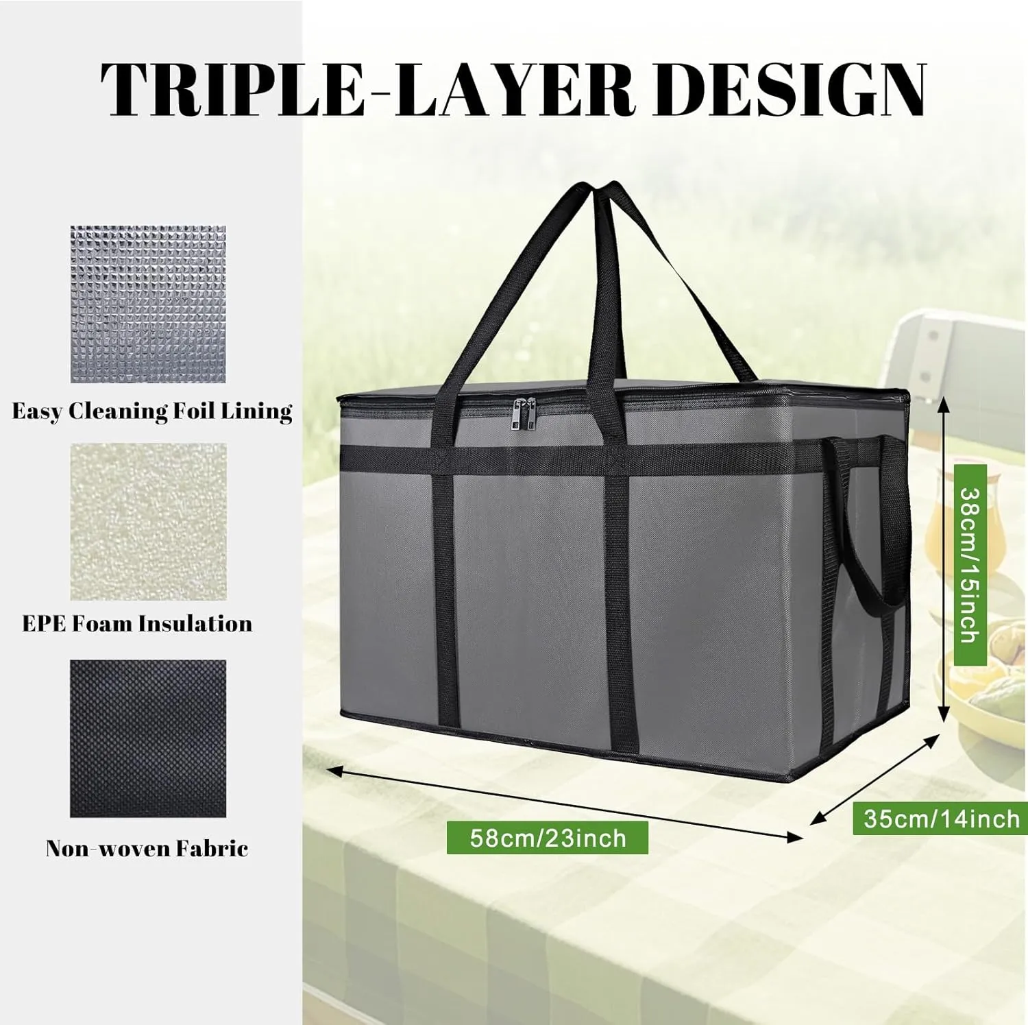 2-Pack Insulated Food Delivery Bag, XXX-Large Meal Grocery Tote Insulation Bag for Hot and cold Food, Commercial, Large Capacity Reusable Warming Bag (Gray 23x15x14 Inch)