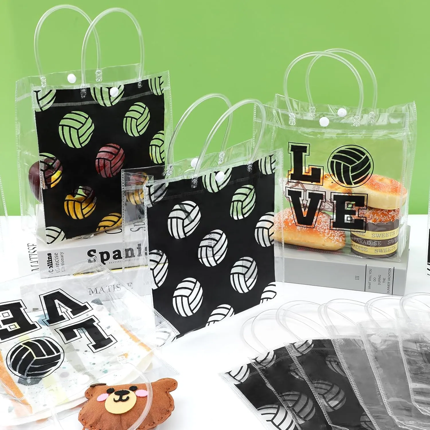 24Pcs Volleyball Clear PVC Gift Bags With Handles Bulk Sport Theme Goodie Treat Candy Bags Team Present Wrap Tote Bags for Boys Birthday Party Favor Baby Shower Decorations Supplies