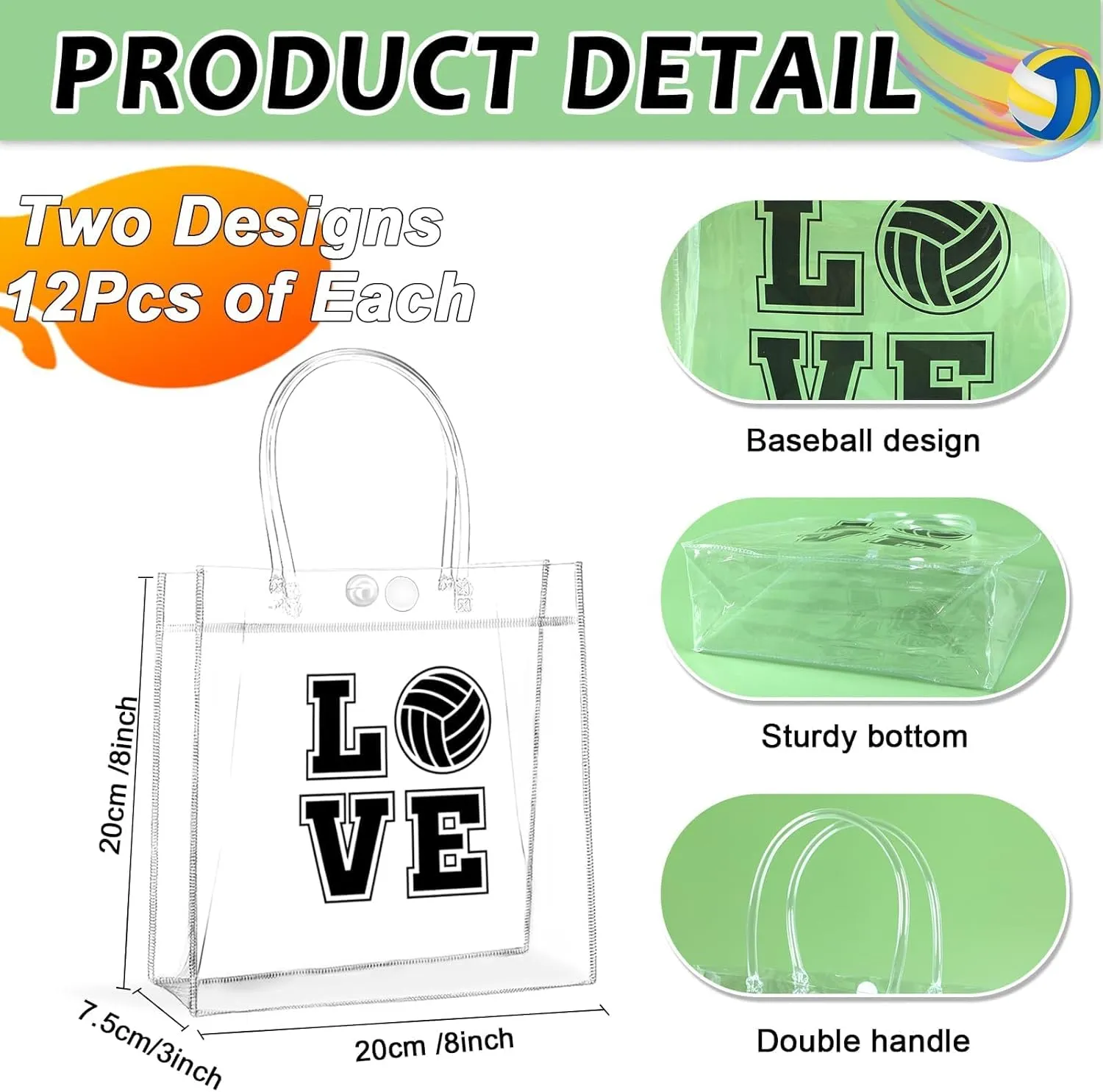 24Pcs Volleyball Clear PVC Gift Bags With Handles Bulk Sport Theme Goodie Treat Candy Bags Team Present Wrap Tote Bags for Boys Birthday Party Favor Baby Shower Decorations Supplies