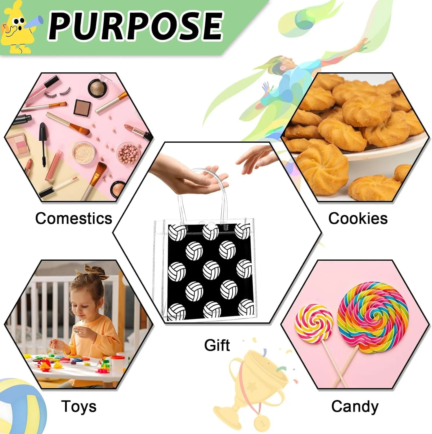 24Pcs Volleyball Clear PVC Gift Bags With Handles Bulk Sport Theme Goodie Treat Candy Bags Team Present Wrap Tote Bags for Boys Birthday Party Favor Baby Shower Decorations Supplies