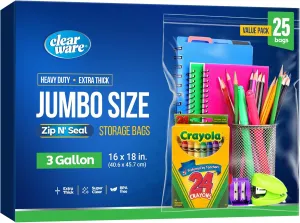 25 Large Plastic Bags With Zipper Top - 3 Gallon Bags 16" x 18", Extra Large Storage Bags for Clothes, Travel, Moving, Reusable freezer bags, BPA-Free, 2-mil Thick