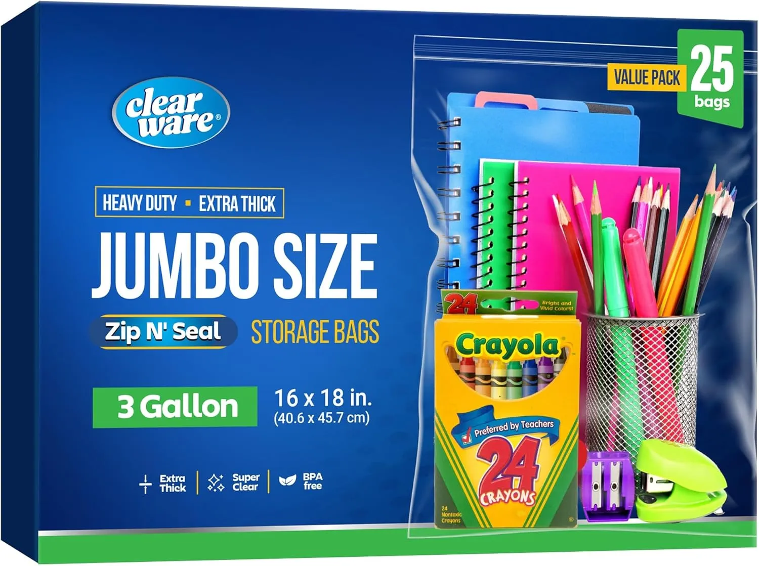 25 Large Plastic Bags With Zipper Top - 3 Gallon Bags 16" x 18", Extra Large Storage Bags for Clothes, Travel, Moving, Reusable freezer bags, BPA-Free, 2-mil Thick