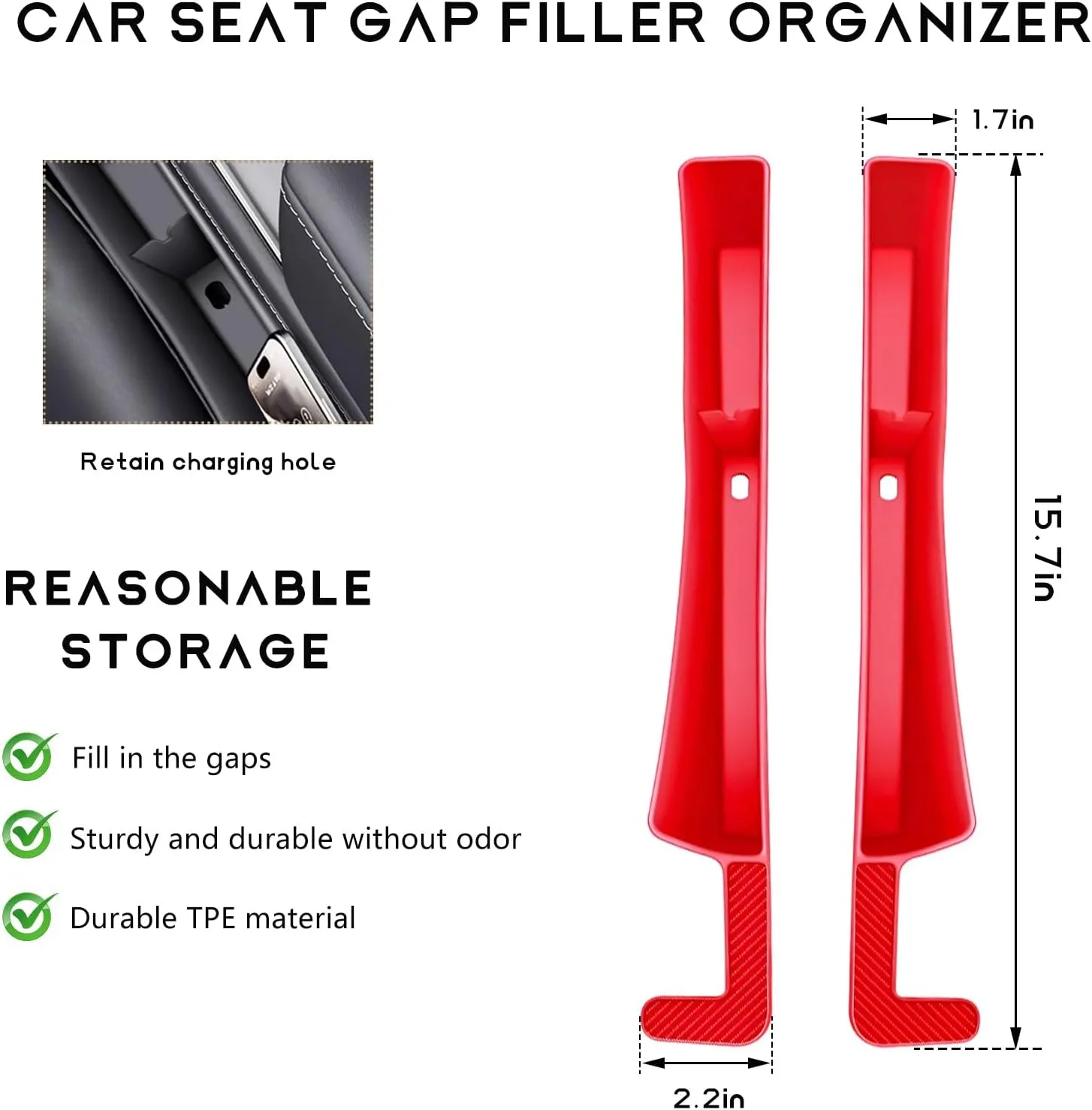 2PCS Car Seat Gap Filler Organizer, Multifunctional Seat Side Gap Stopper with Phone Holder, Automotive Storage Box Inserts Between Seats Console Prevent Items from Falling (Red)