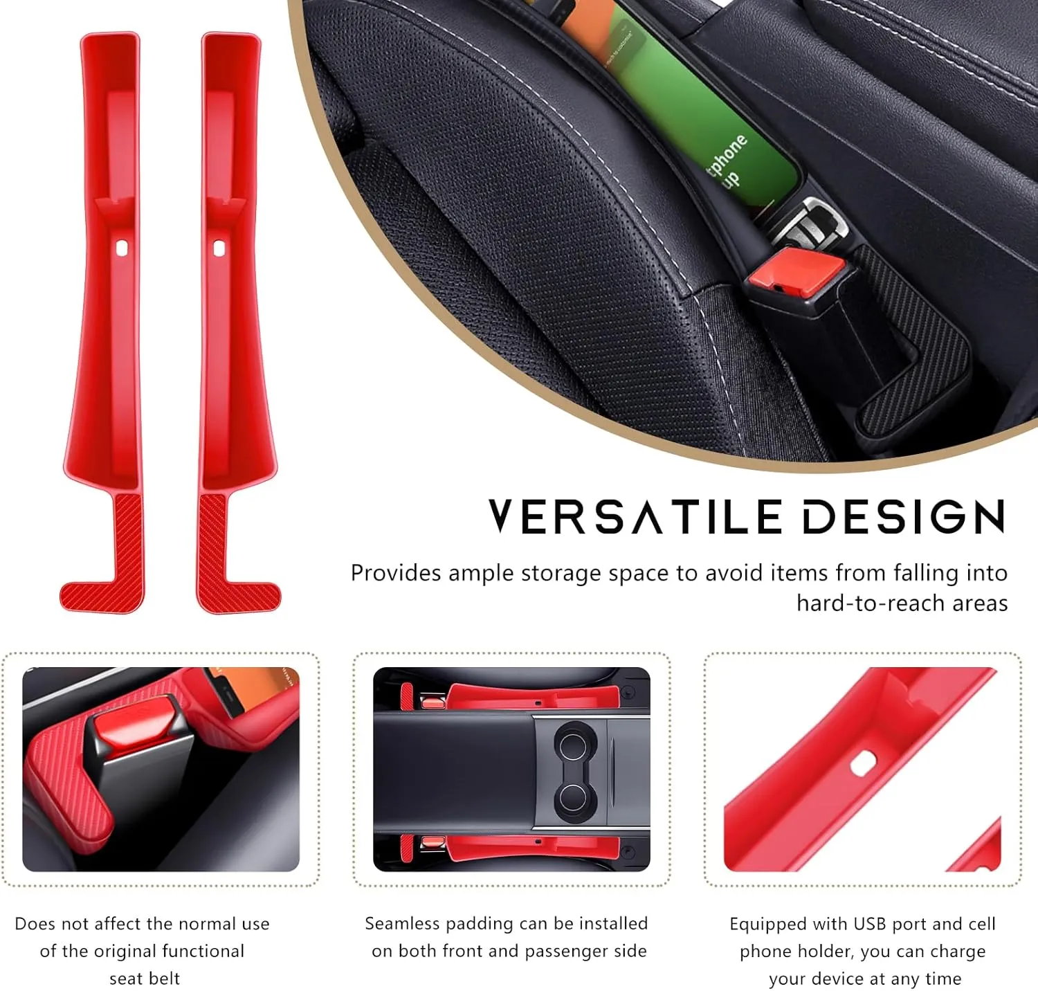 2PCS Car Seat Gap Filler Organizer, Multifunctional Seat Side Gap Stopper with Phone Holder, Automotive Storage Box Inserts Between Seats Console Prevent Items from Falling (Red)