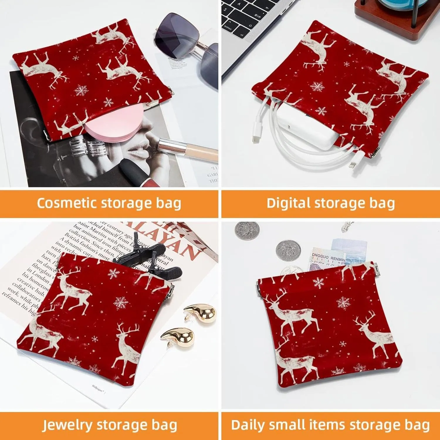 2Pcs Faux Leather Makeup Bag for Purse, Small Makeup Pouch Purse, Mini Makeup Bag, Multifunctional Travel Storage Bag, Christmas Elk Snowflake Red