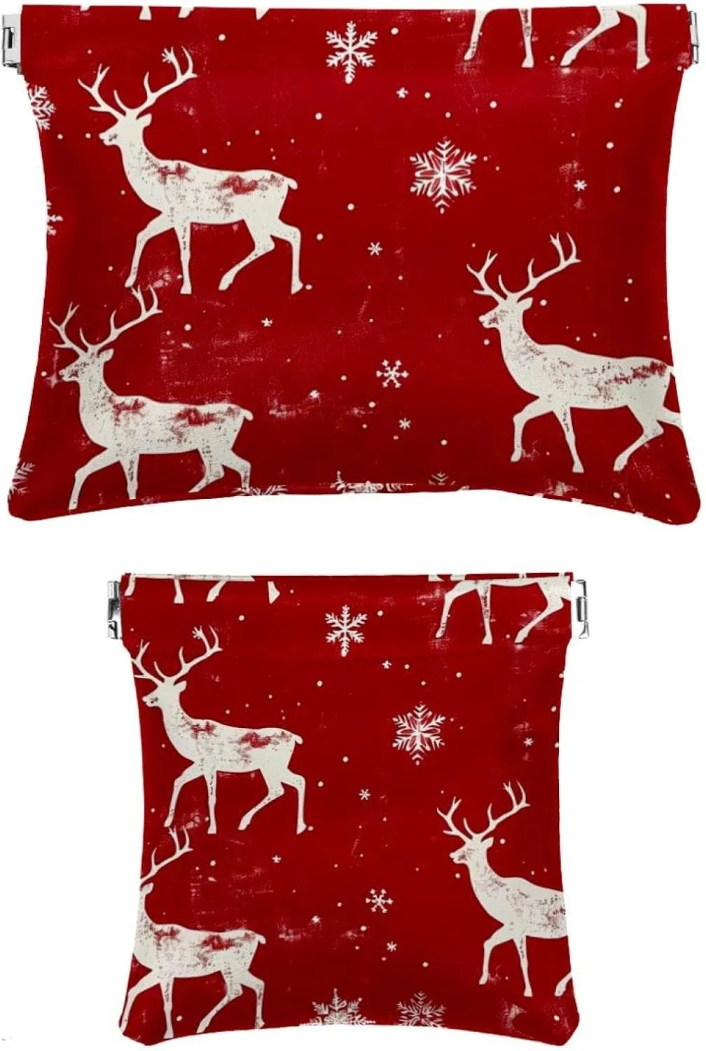 2Pcs Faux Leather Makeup Bag for Purse, Small Makeup Pouch Purse, Mini Makeup Bag, Multifunctional Travel Storage Bag, Christmas Elk Snowflake Red