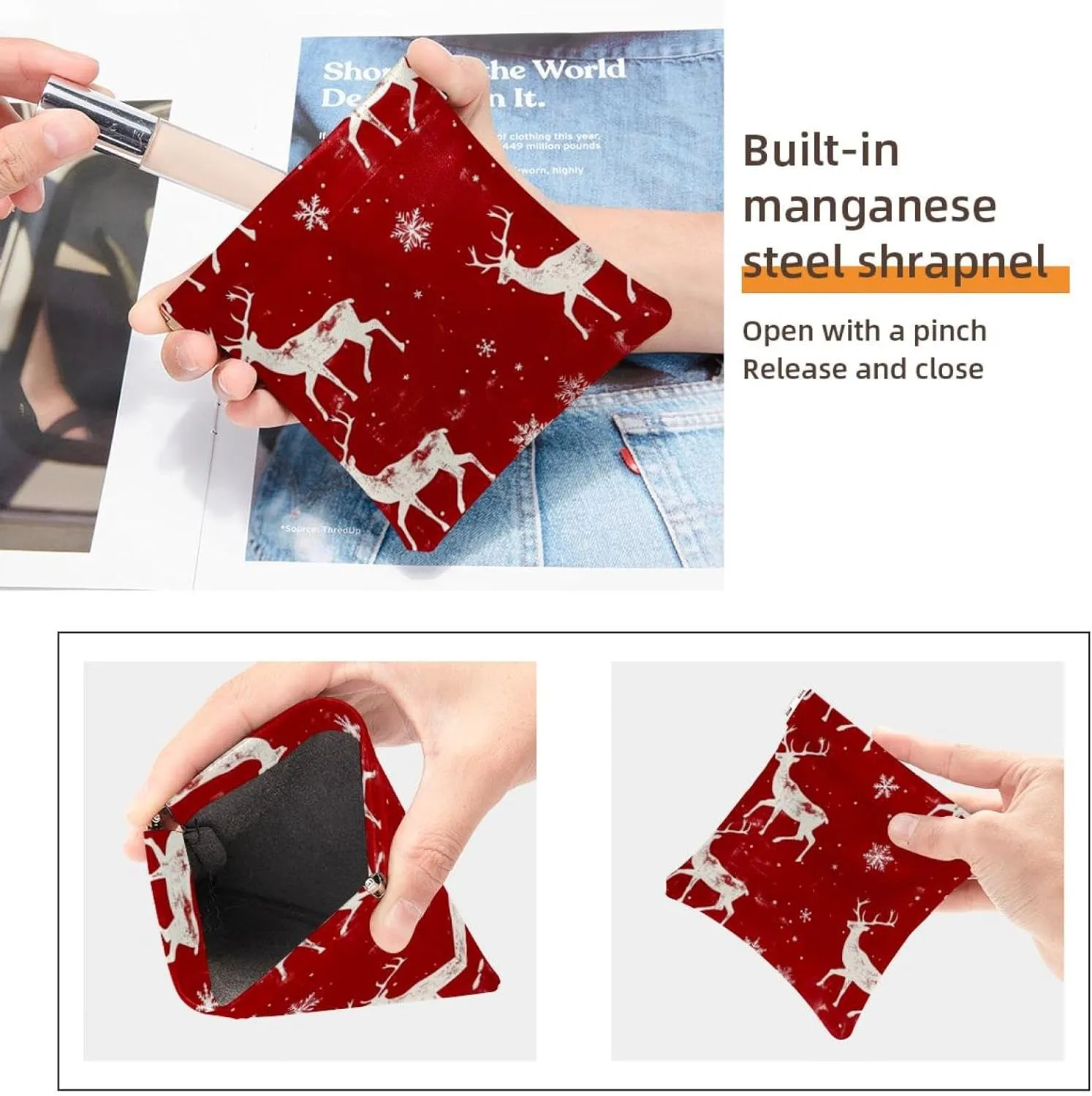 2Pcs Faux Leather Makeup Bag for Purse, Small Makeup Pouch Purse, Mini Makeup Bag, Multifunctional Travel Storage Bag, Christmas Elk Snowflake Red