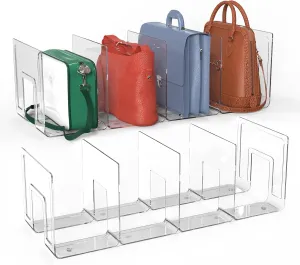 2PCS Purse Organizers, Bag & Purse Organizer for Closet, Adjustable Clear Handbag Storage Shelf Plastic Clutch Dividers Keep Purses upright for Space-Saving Bedroom Cabinet Organization 4-Slot