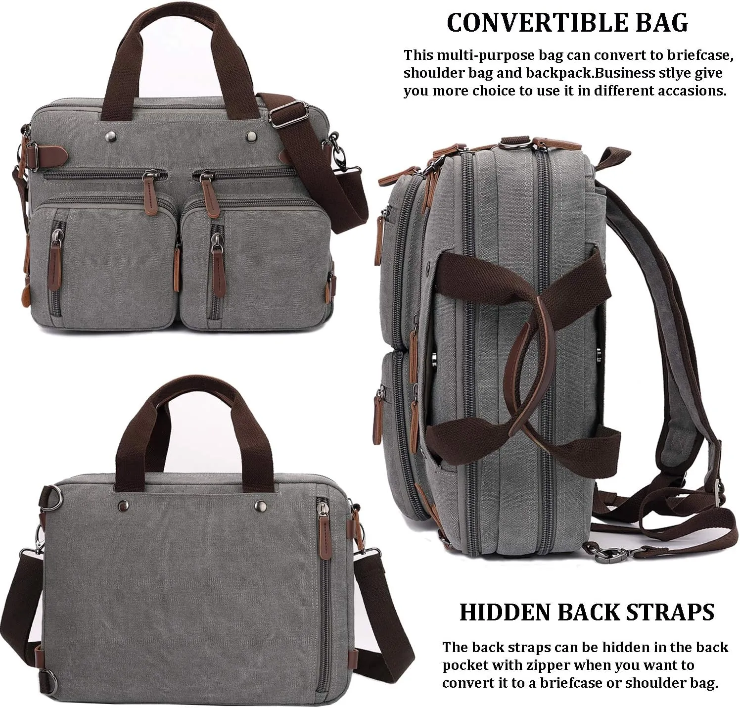 3 in 1 Convertible Laptop Backpack, 17.3 inch Messenger Bag for Men, Multi-Functional Travel Laptop Bag for College Men Women (17.3 Inch, Grey)