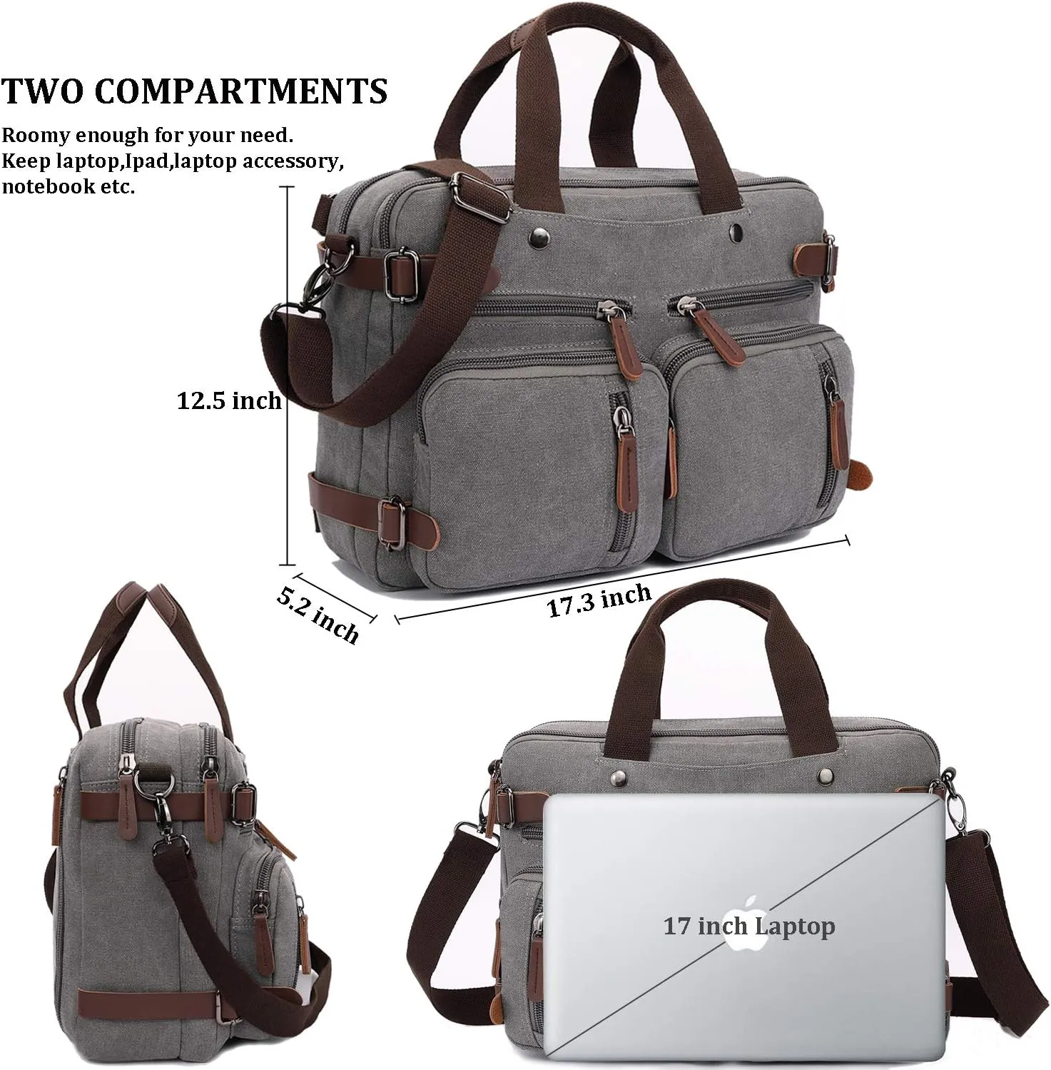 3 in 1 Convertible Laptop Backpack, 17.3 inch Messenger Bag for Men, Multi-Functional Travel Laptop Bag for College Men Women (17.3 Inch, Grey)