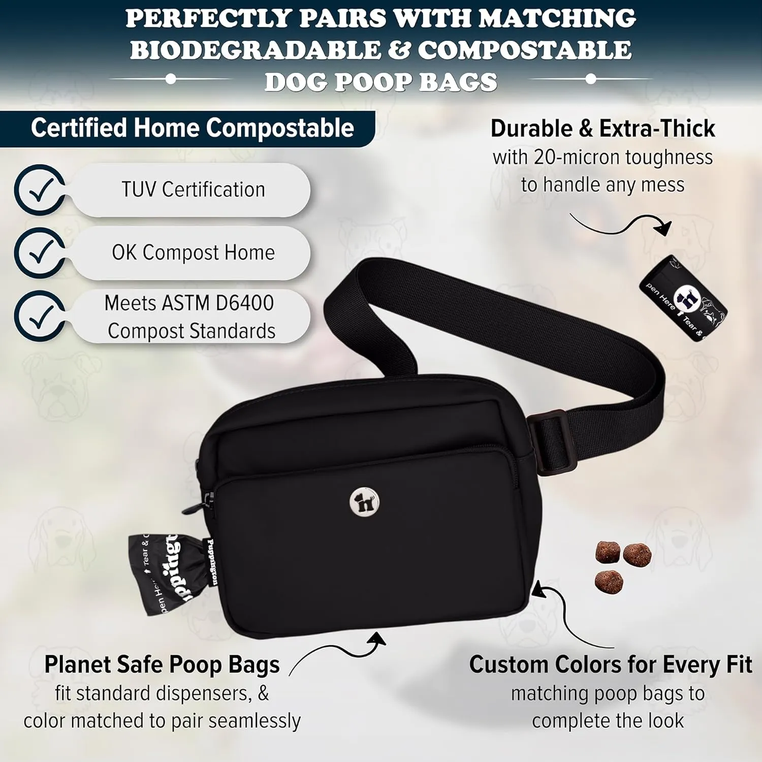 3-in-1 Crossbody & Dog Treat Pouch for Pet Training - Matching Compostable Poop Bags, Built-In Poop Bag Dispenser & Slow-Feeding Travel Dog Bowl - Dog Walking Bag (Onyx Black)