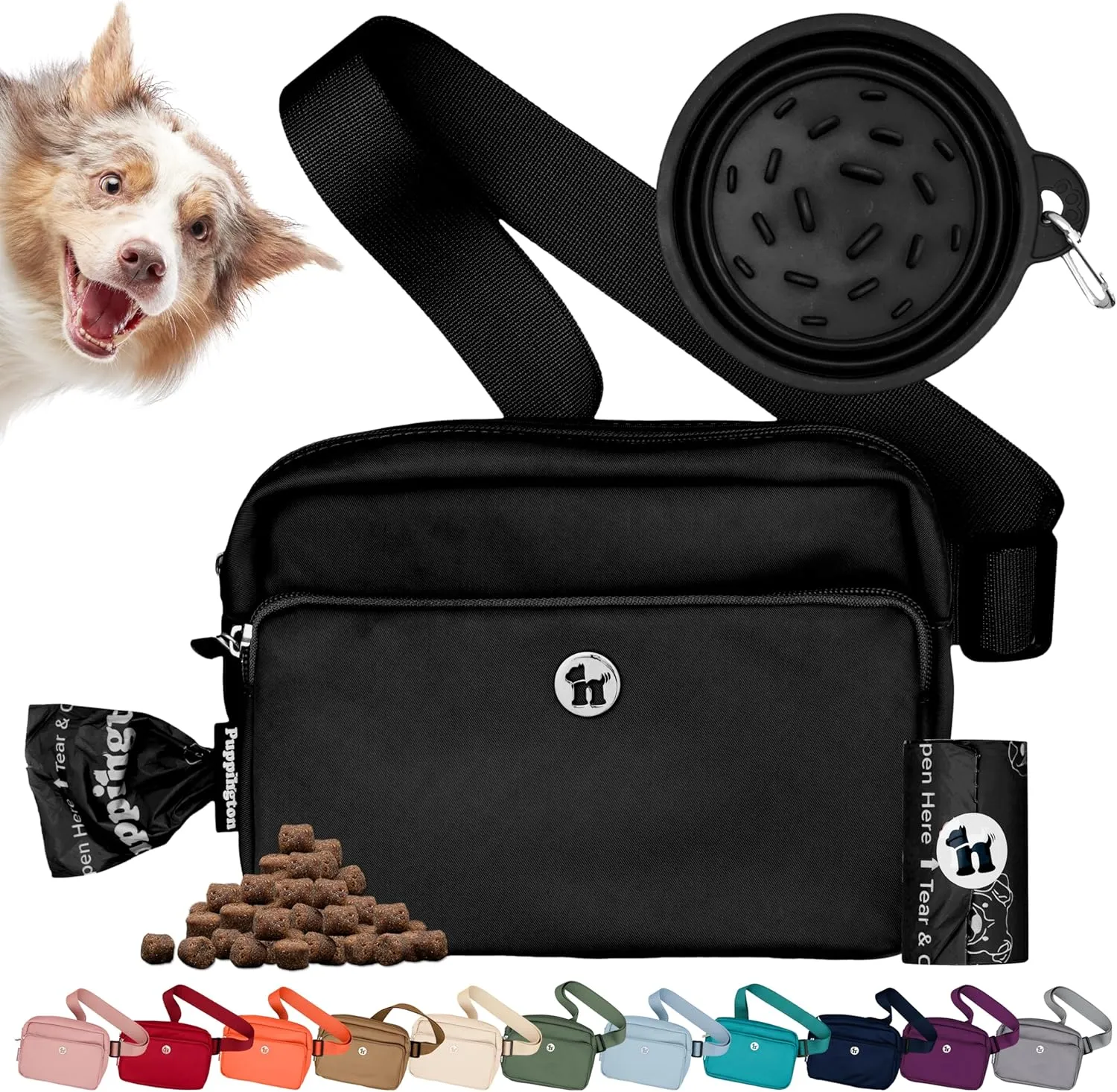 3-in-1 Crossbody & Dog Treat Pouch for Pet Training - Matching Compostable Poop Bags, Built-In Poop Bag Dispenser & Slow-Feeding Travel Dog Bowl - Dog Walking Bag (Onyx Black)