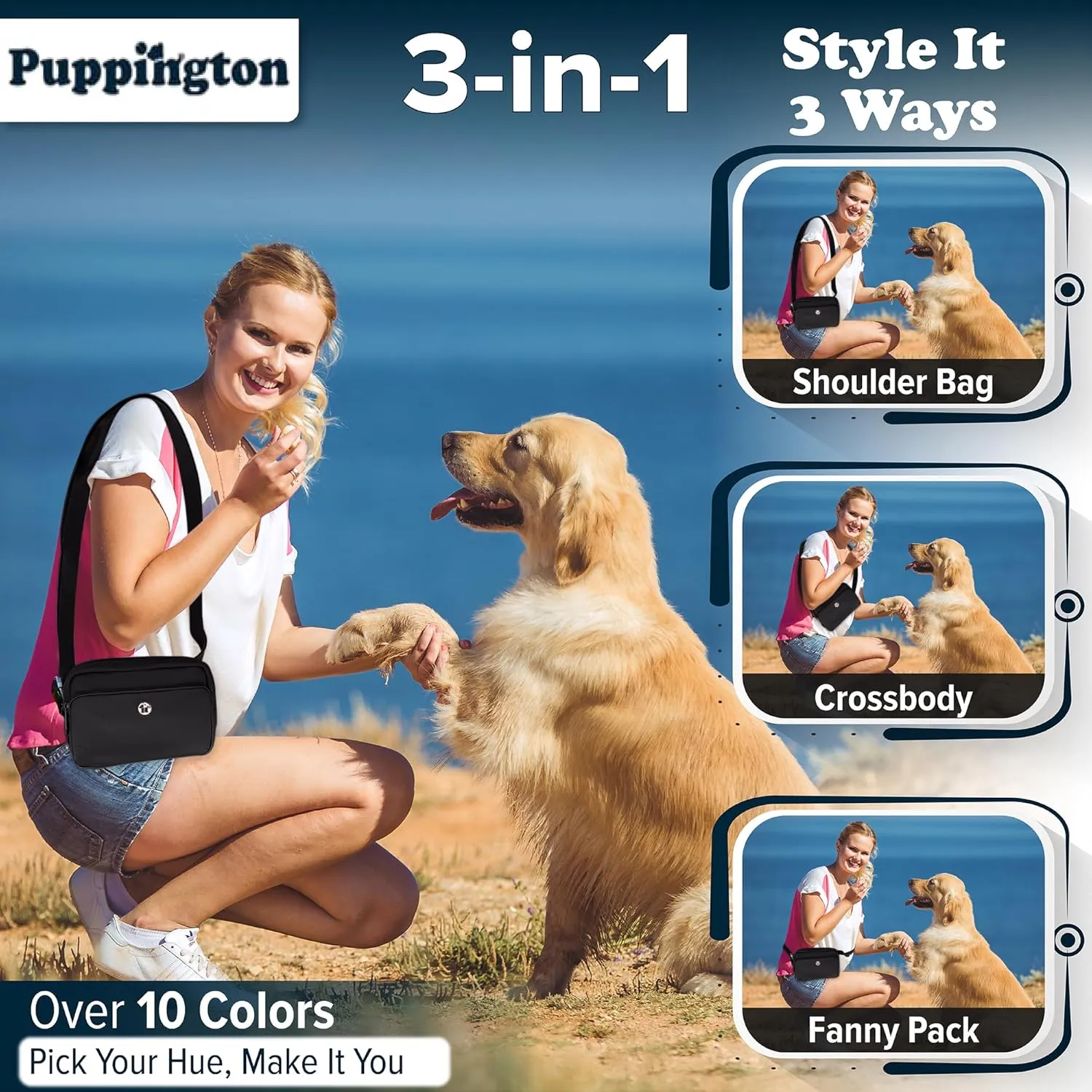 3-in-1 Crossbody & Dog Treat Pouch for Pet Training - Matching Compostable Poop Bags, Built-In Poop Bag Dispenser & Slow-Feeding Travel Dog Bowl - Dog Walking Bag (Onyx Black)