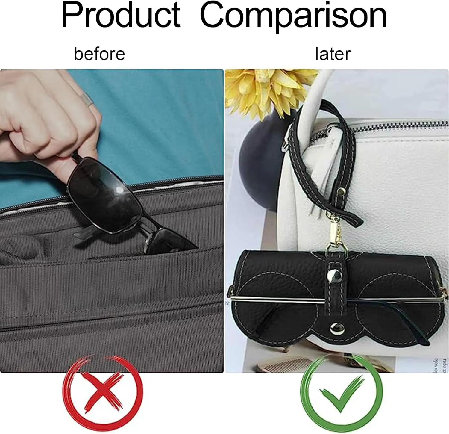 3 Pcs Soft Leather Sunglasses Bag, Portable Glasses Case Holder Sunglasses Pouch with Wrist Strap, Slim Glass Organizer Case