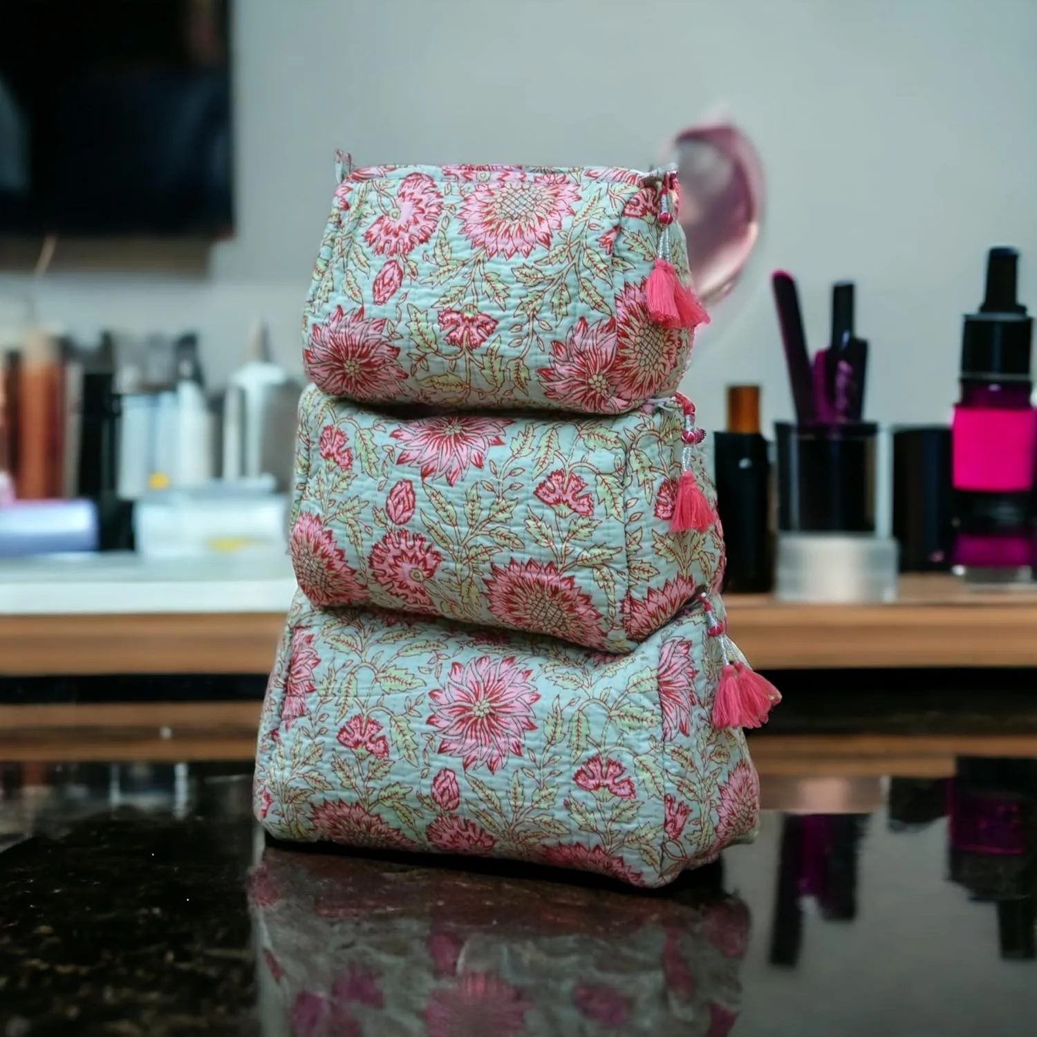 3 Pieces Block Printed Travel Organizer Kit Storage Bag for Women Makeup Bag Travel Cosmetic Bag (DESIGN 3)