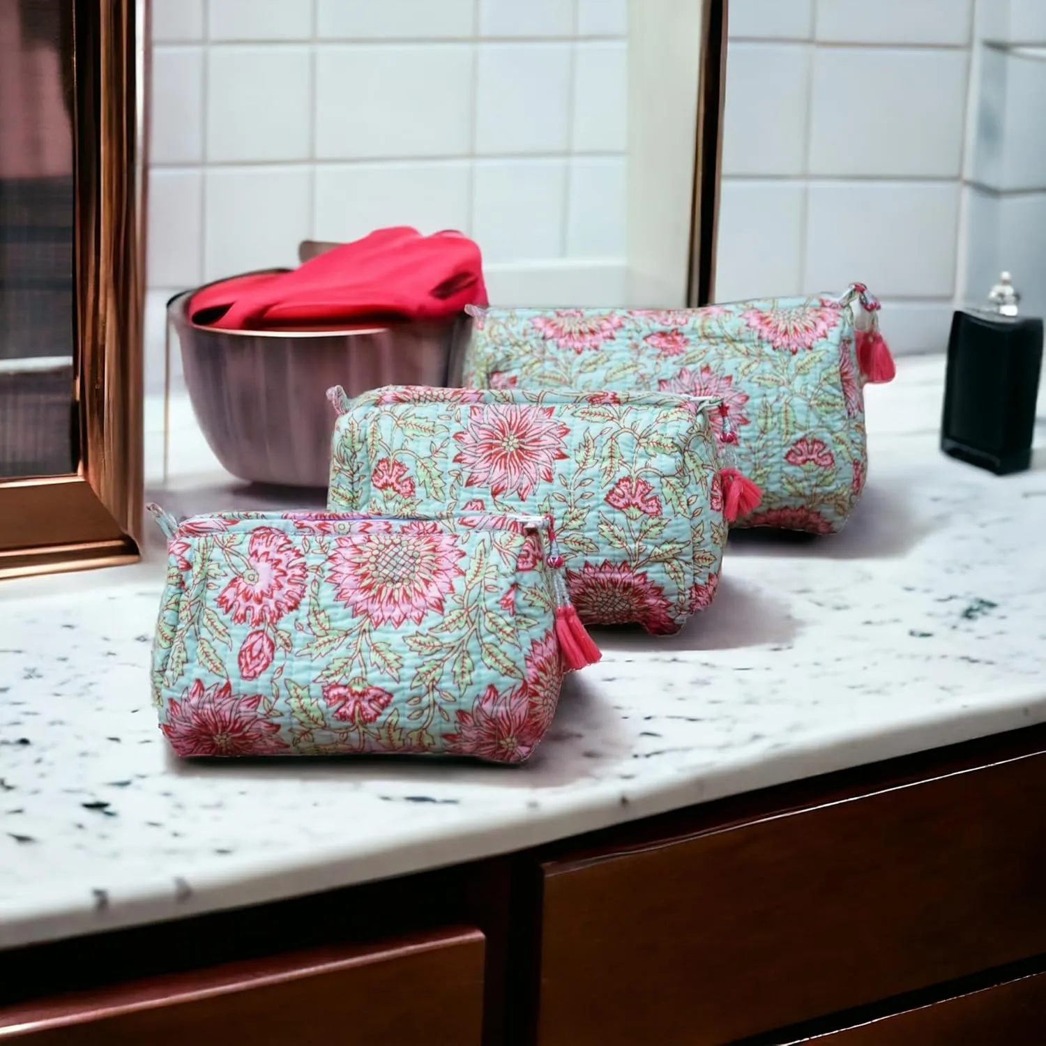 3 Pieces Block Printed Travel Organizer Kit Storage Bag for Women Makeup Bag Travel Cosmetic Bag (DESIGN 3)