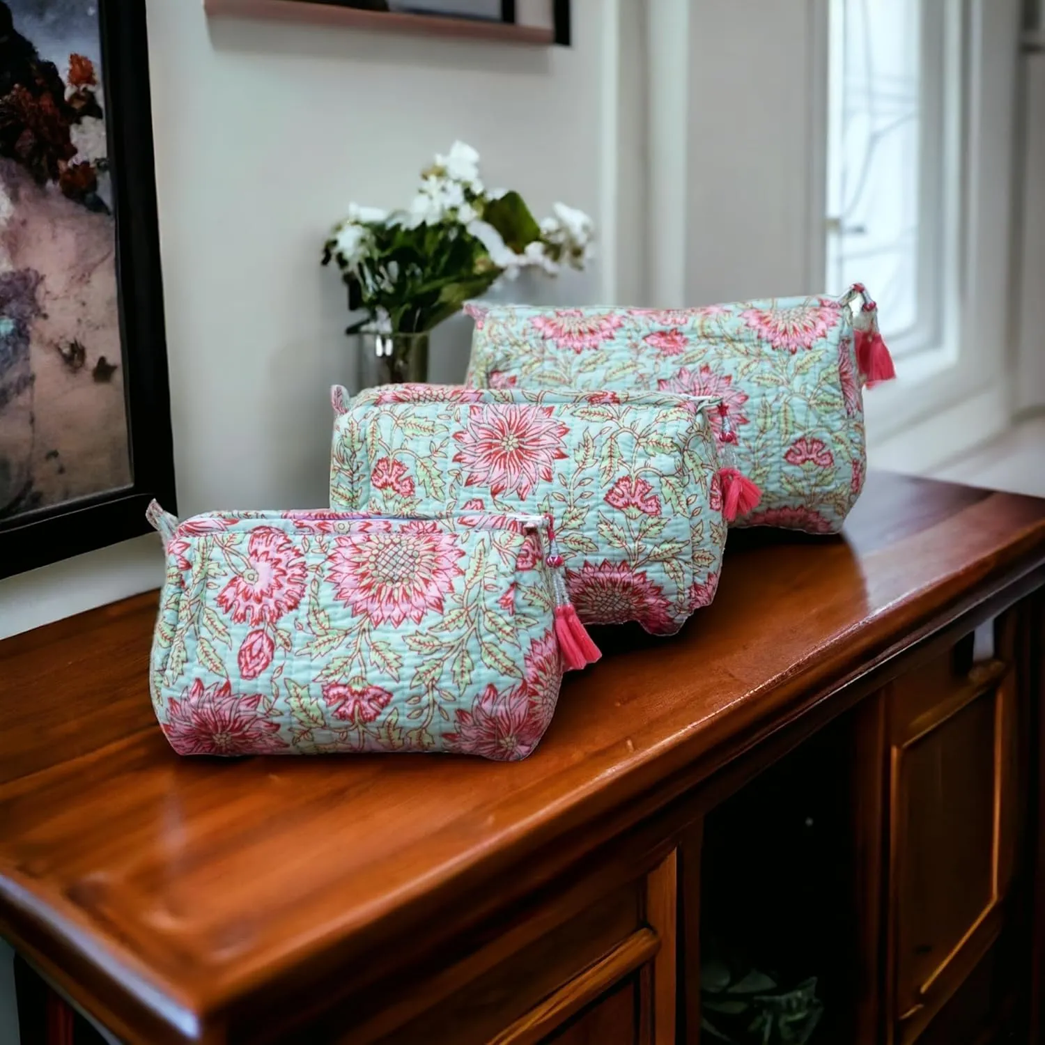 3 Pieces Block Printed Travel Organizer Kit Storage Bag for Women Makeup Bag Travel Cosmetic Bag (DESIGN 3)