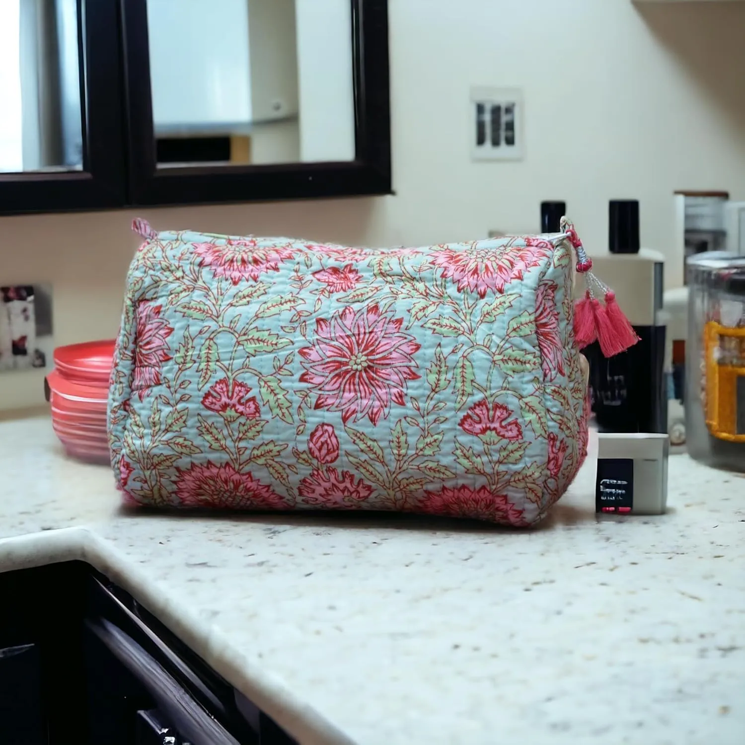 3 Pieces Block Printed Travel Organizer Kit Storage Bag for Women Makeup Bag Travel Cosmetic Bag (DESIGN 3)