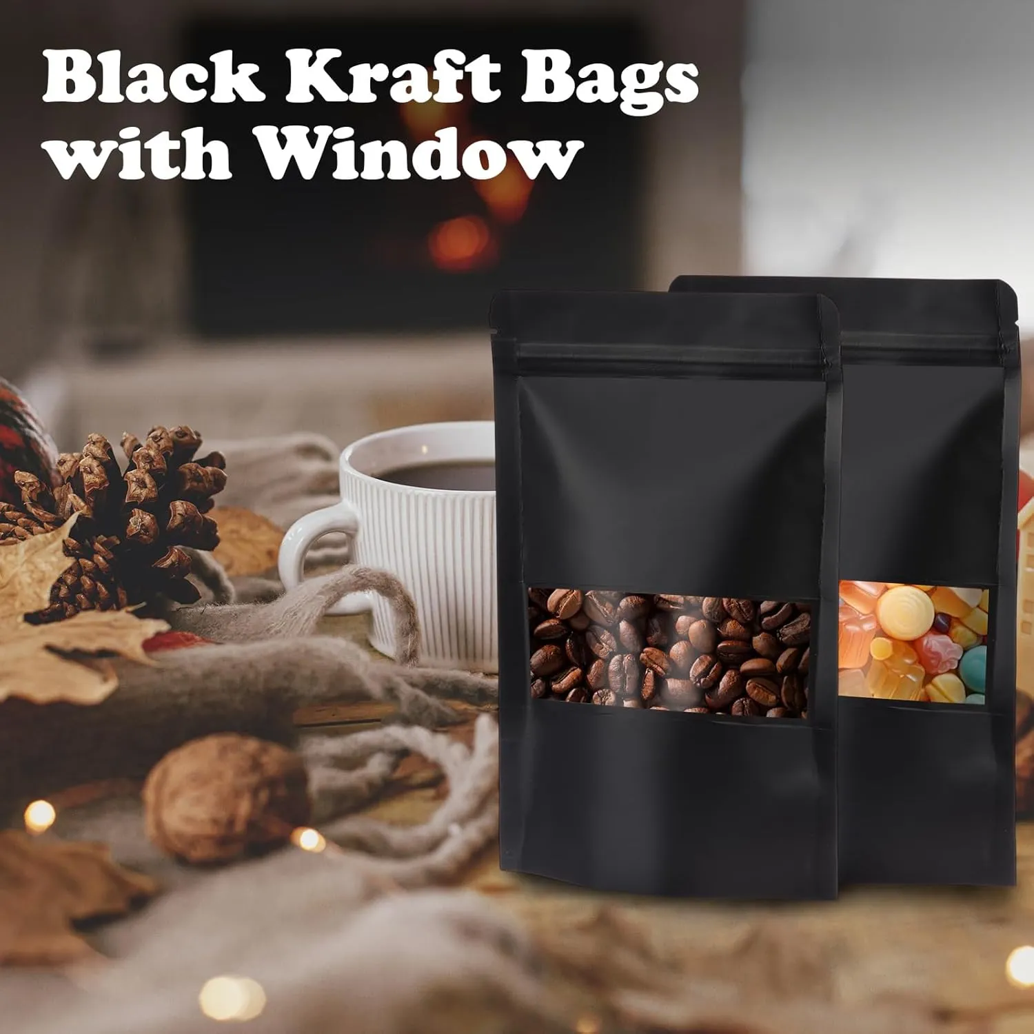 300 Pcs Kraft Bags with Window 5 x 8 Inch Kraft Stand Up Paper Bags Reusable Food Storage Pouches Heat Sealable Zipper Lock Pouches Bulk for Packaging Business(Black)